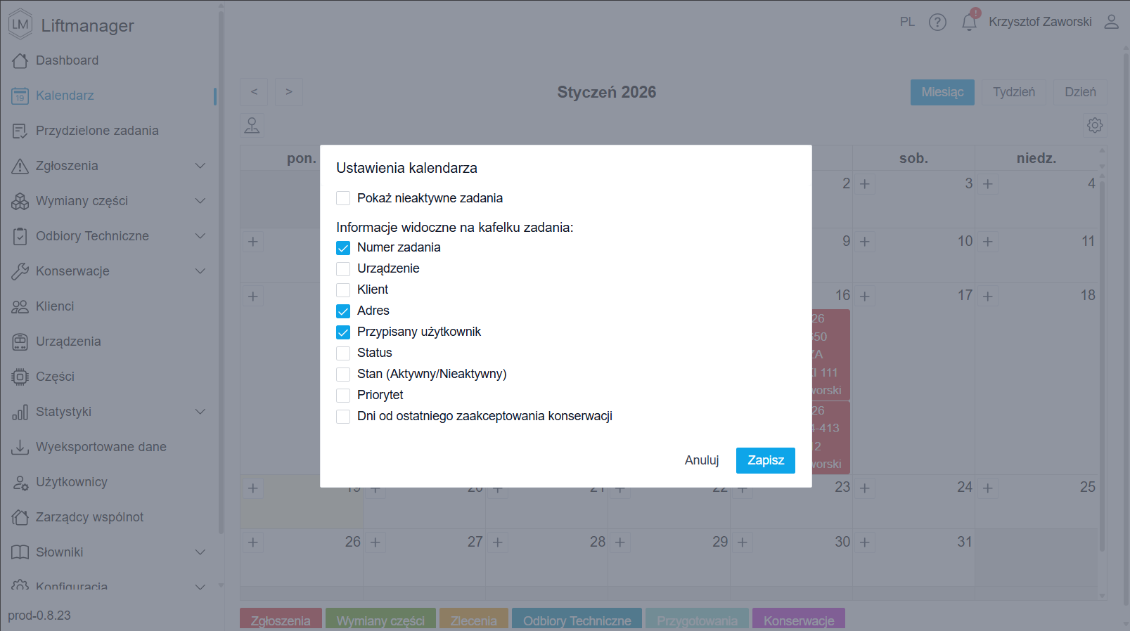 Ustawienia kalendarza - personalizacja widoku kafelków