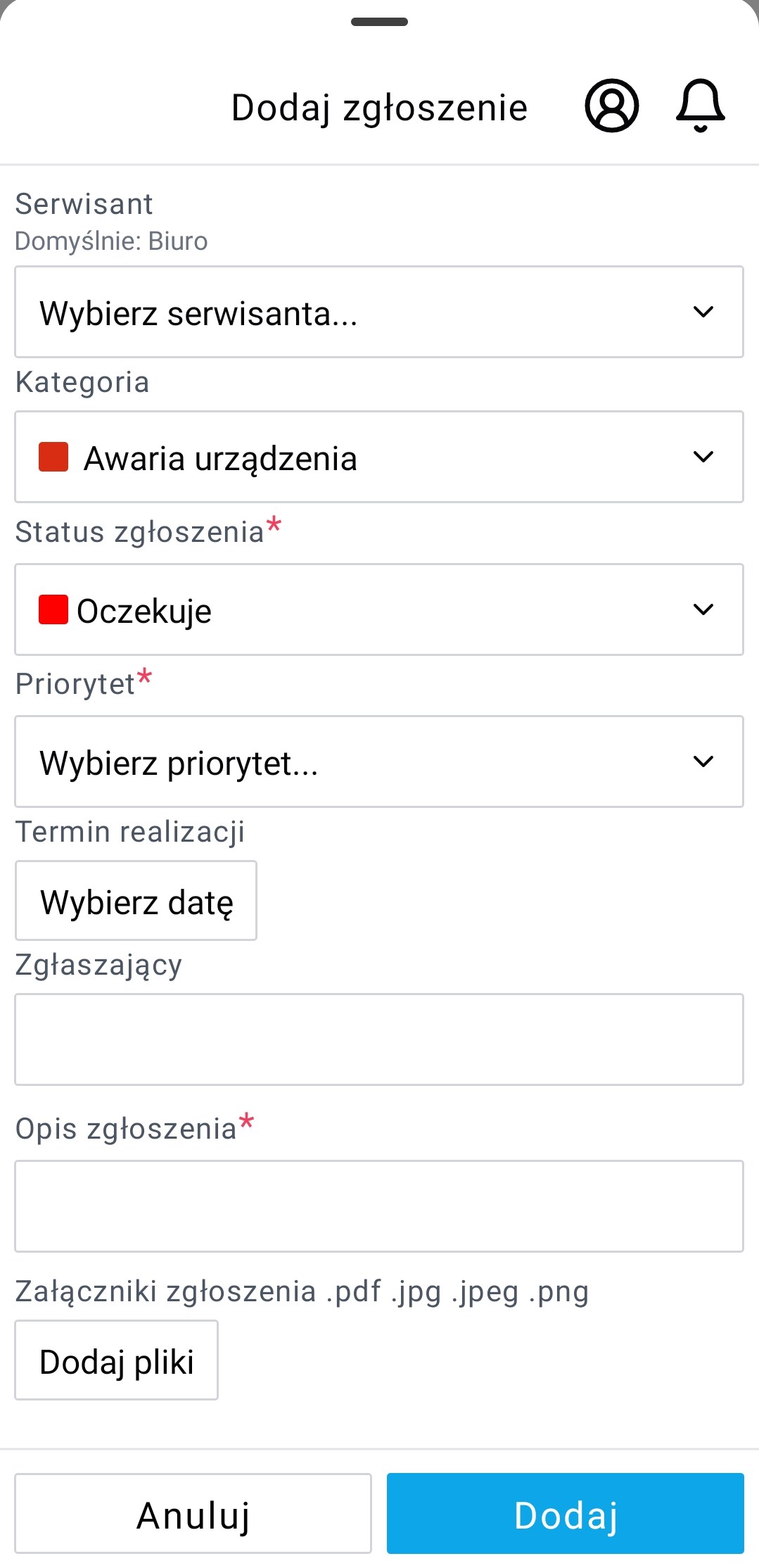 Dodawanie zgłoszenia